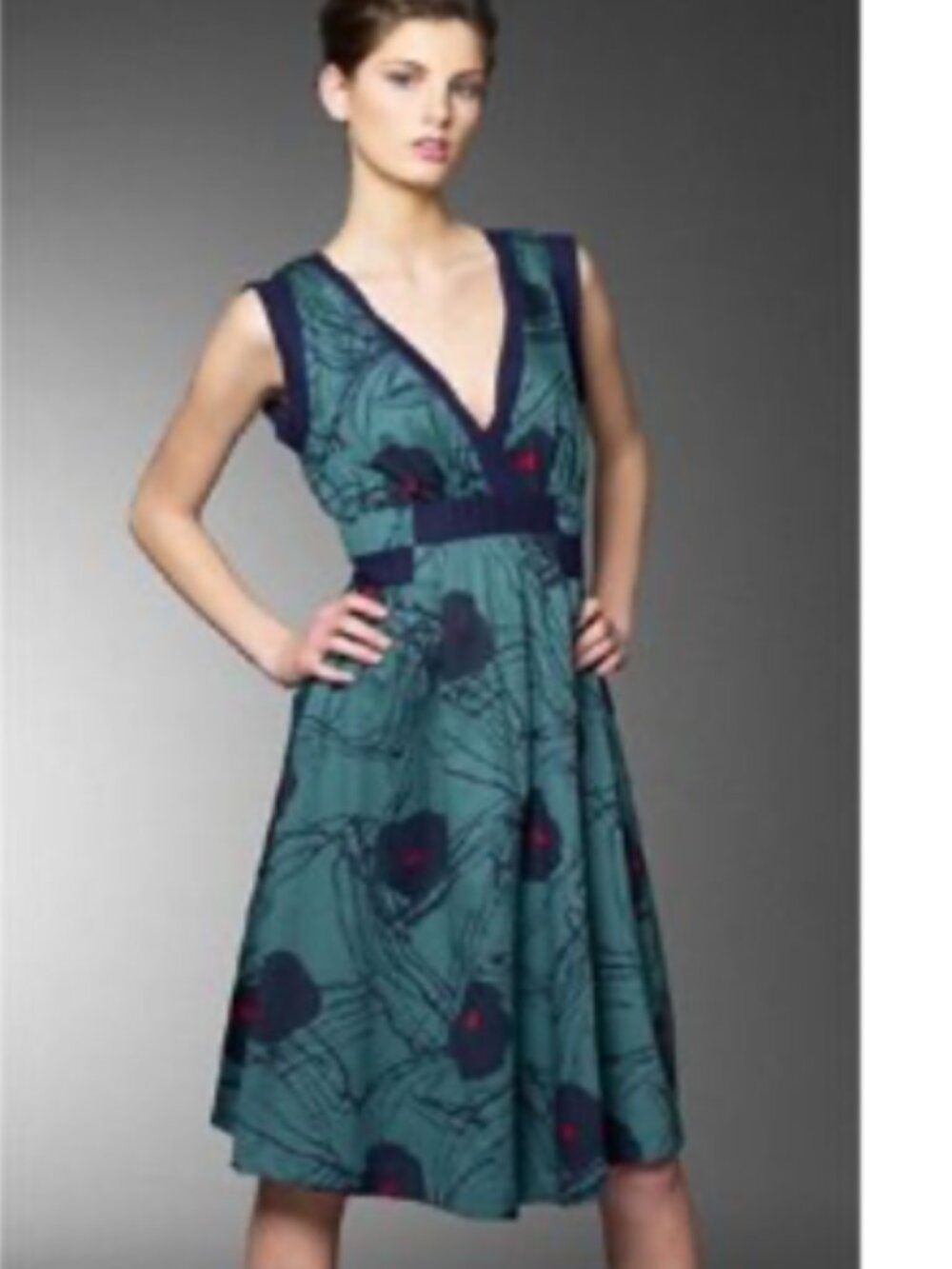 Marc Jacobs Womens Size 8 Green Blue Floral Cotton Knee Length V-Neck Dress